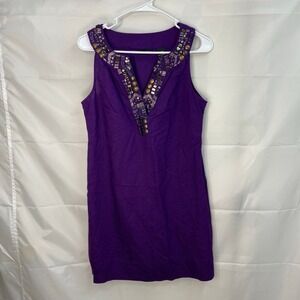 NEW New‎ York & Company women's purple beaded neckline v-neck linen blend dress